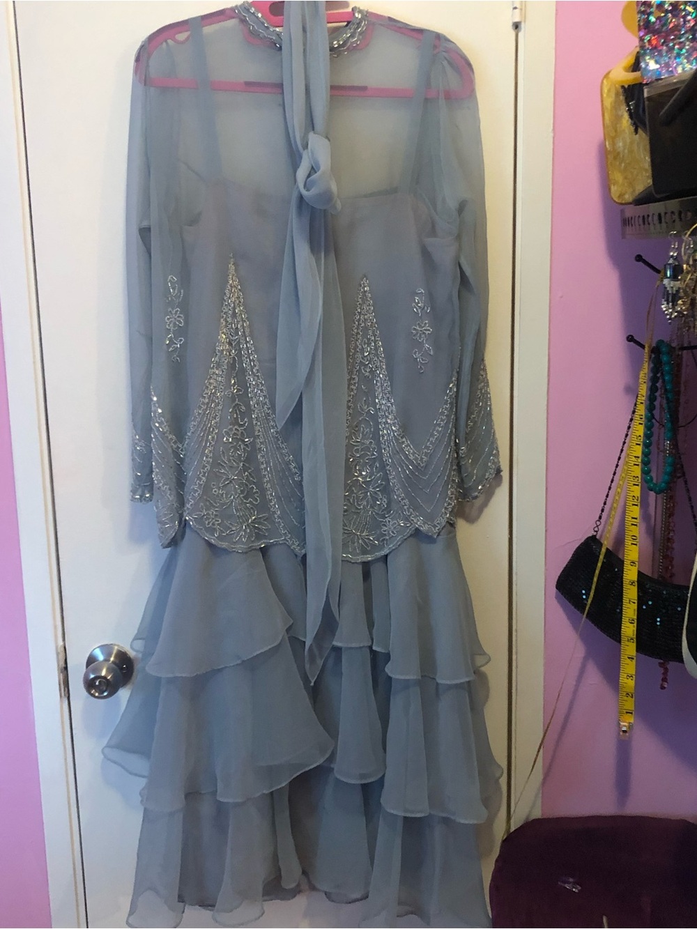 Elegant Girls' Silver-Embellished Light Gray Tiered Dress